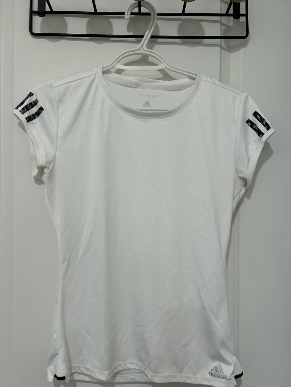 adidas White Short Sleeve Crew Neck Tee with Black Stripe Accents